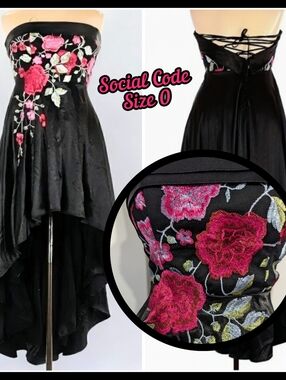 Social Code, Black Satin Hi-Low, Embroidered, Corset Back, Size 0, Prom Dress